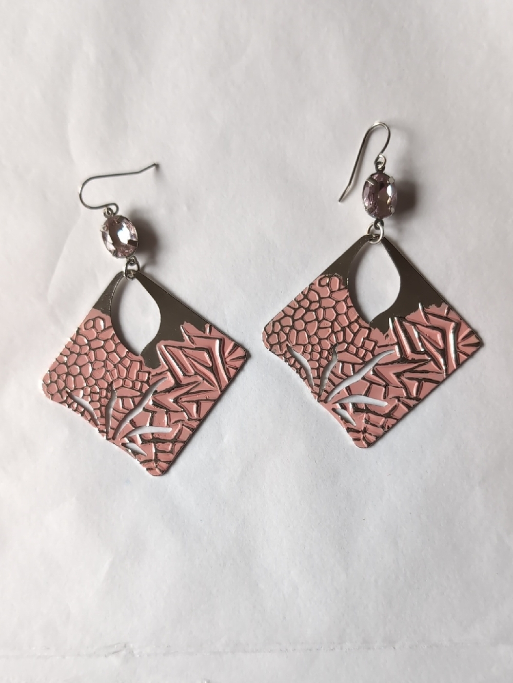 Pink Cutout Dangle Earrings with Faceted Crystal Accent